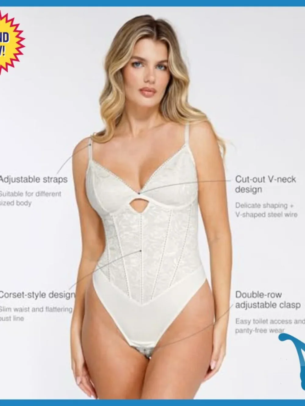 Lace Shapewear Bodysuit with Tummy Control Side Zipper V-Neck